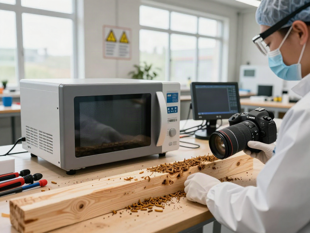 Traitement de bois avec Shashel®, technicien démontrant la technologie sans produits chimiques.